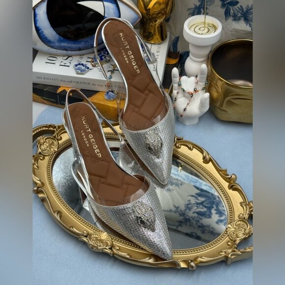 🆕 KURT GEIGER LONDON 🧿 NWOB Belgravia Vinyl 65 Slingback Heels, Silver, Sz 7.5 - Picture 5 of 14